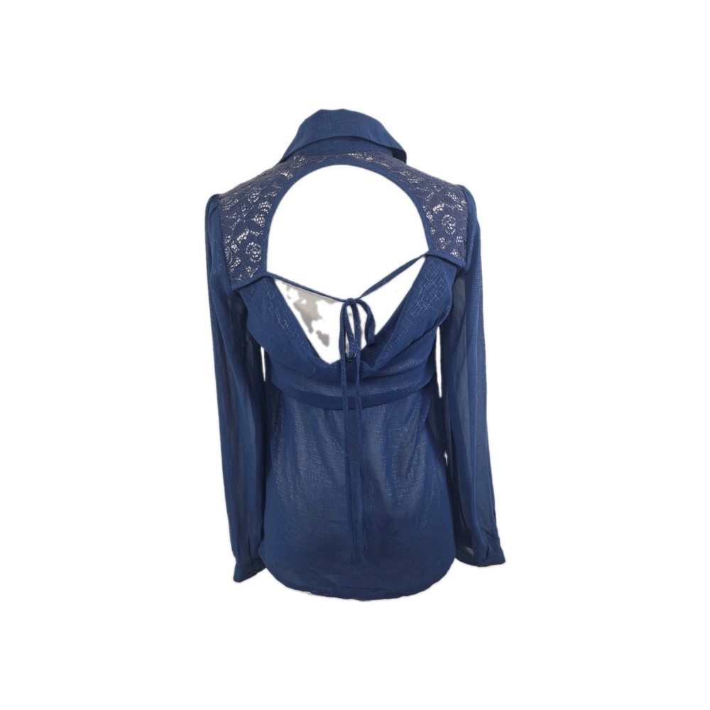 Studio Y Size X Small Blue Button Up Long Sleeve Keyhole Lace Blouse Top (SHELL)